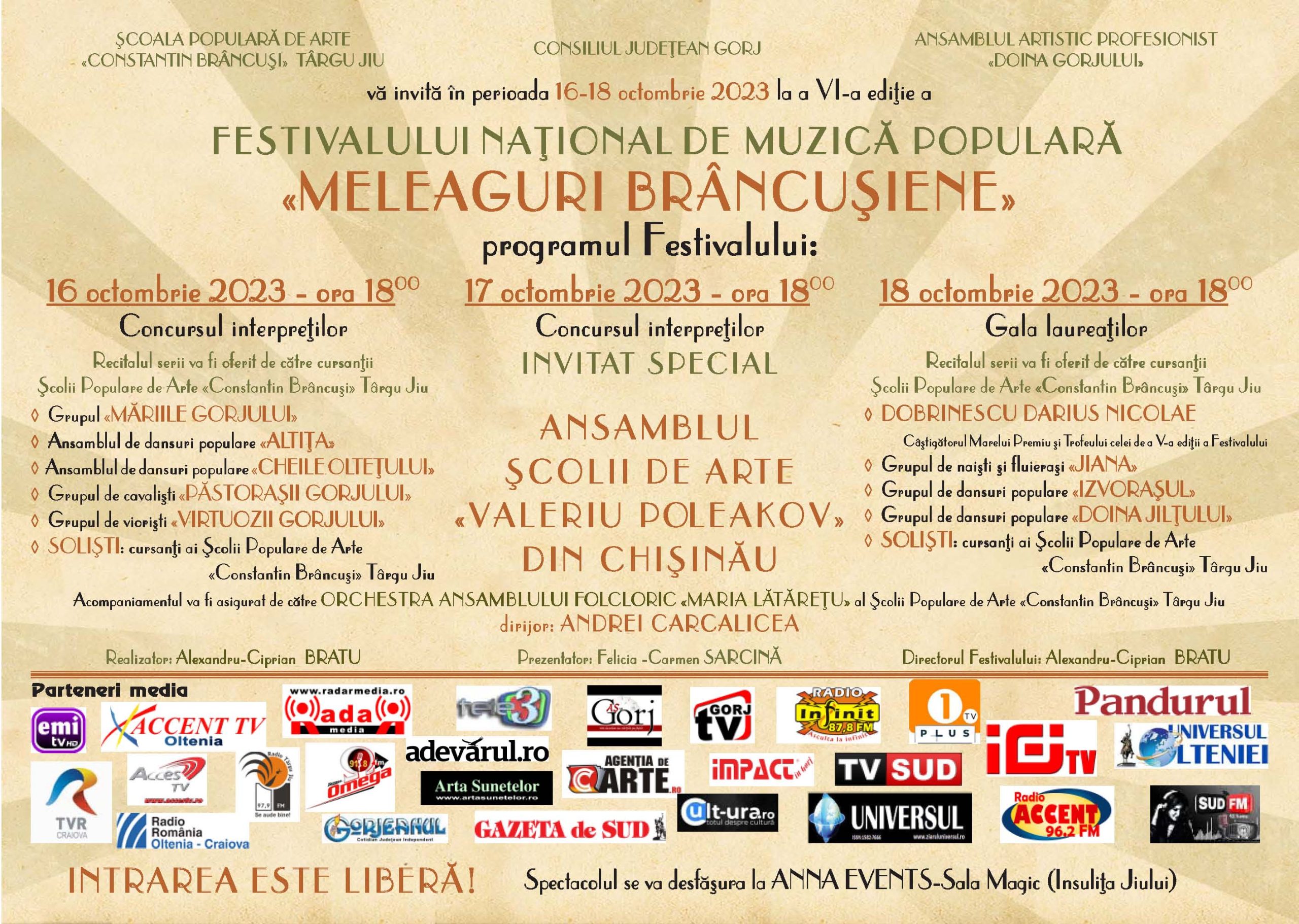 Festival „Meleaguri Brâncușiene”, 16-18 octombrie, la Târgu-Jiu