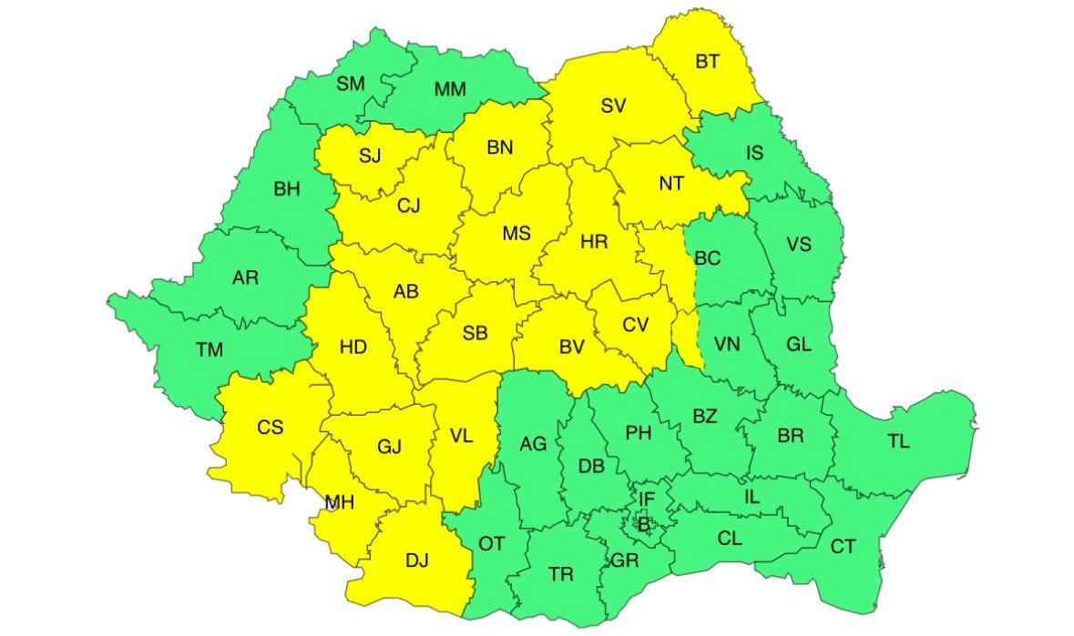 Cod galben de instabilitate atmosferică în trei județe din Oltenia
