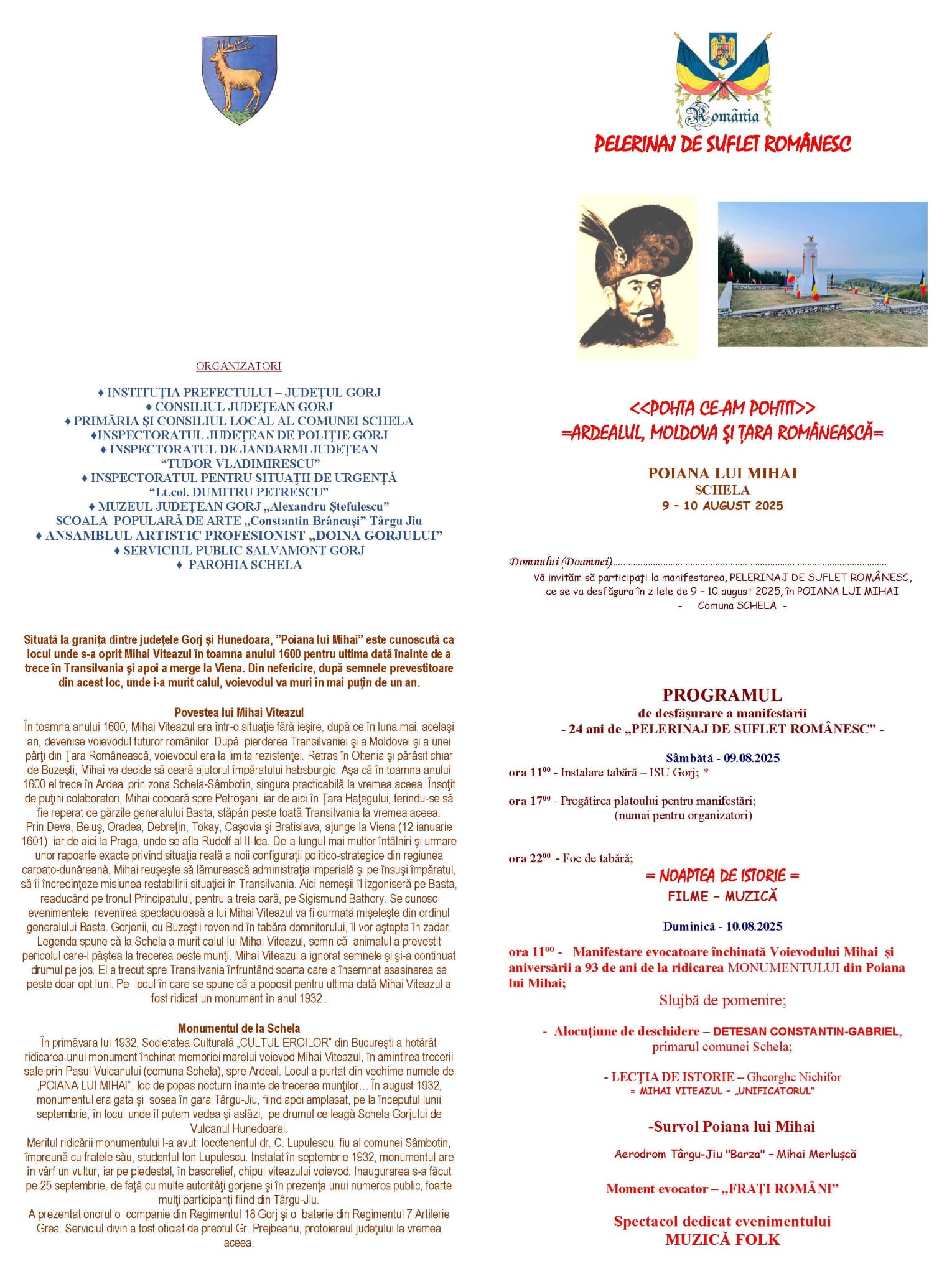 Pelerinaj istoric la Poiana lui Mihai, Comuna Schela – 9 și 10 august