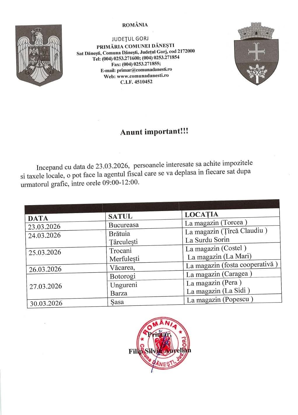 Program mobil pentru plata impozitelor în comuna Dănești danesti