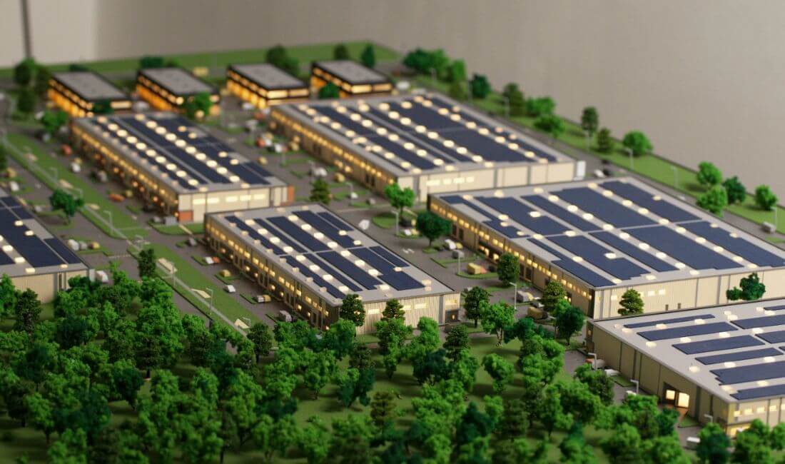 macheta cladiri industriale cu fotovoltaice